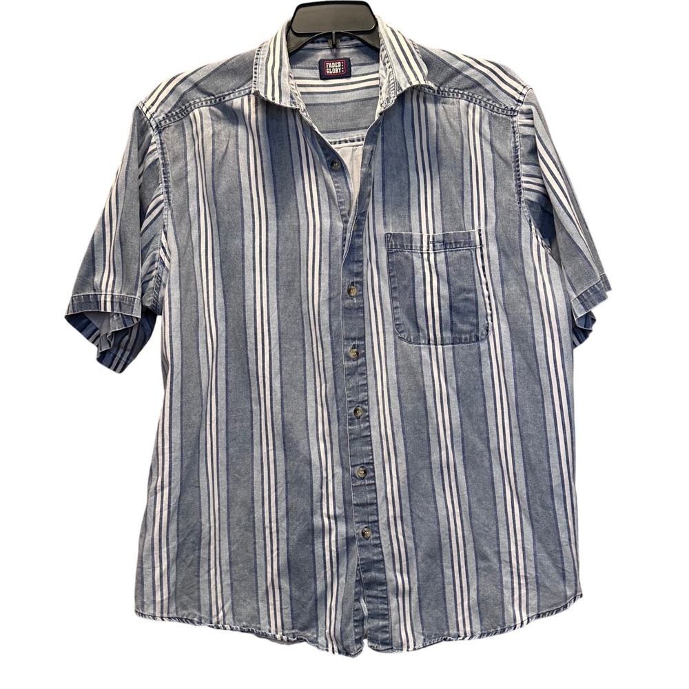 Vintage Striped Denim Shirt Short Sleeve‎ Button Up Casual Menswear retro